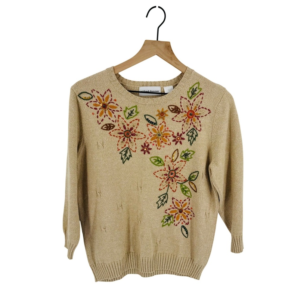 Vintage Tan Floral Embroidered Sequin Knit Sweater Size S Cottage Grandma Autumn